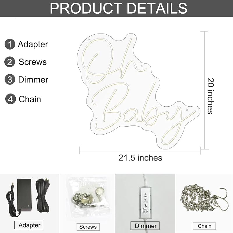 Letrero neón LED 21.5x20" para baby shower y bautizo