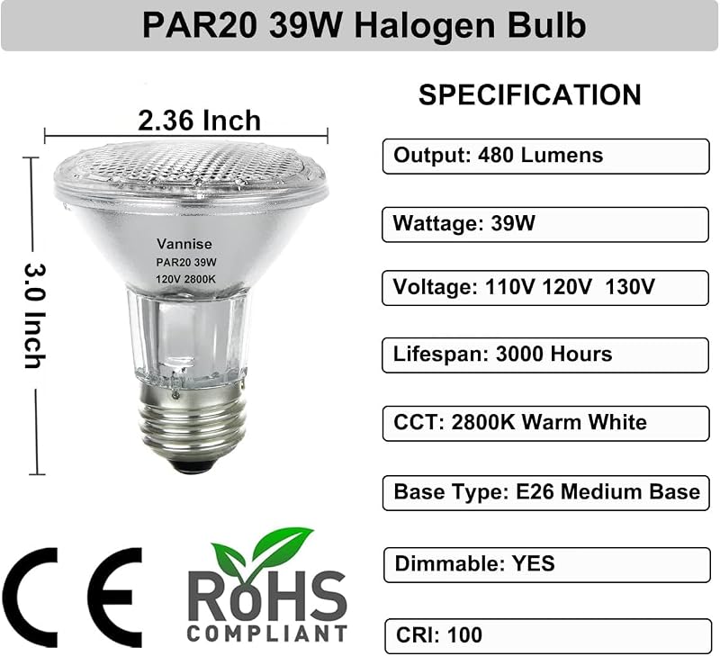 6 Bombillas PAR20 39W 2800K E26 Blanco Cálido Interior