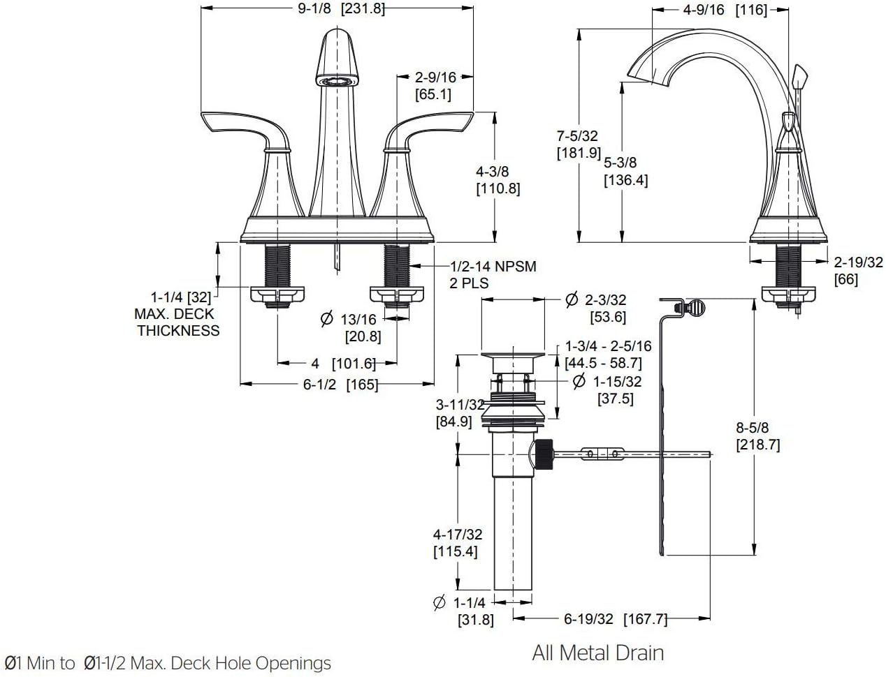 Grifo baño central 2 manijas 4pulg bronce toscano