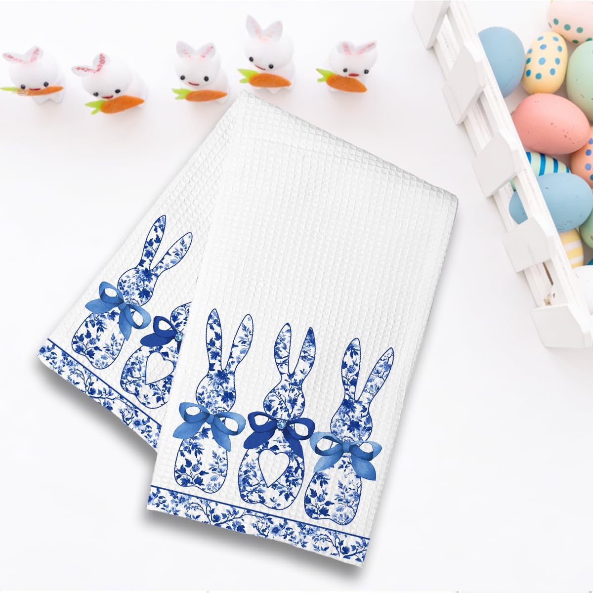 Juego de 2 toallas de cocina de Pascua de conejo azul MUBIAO