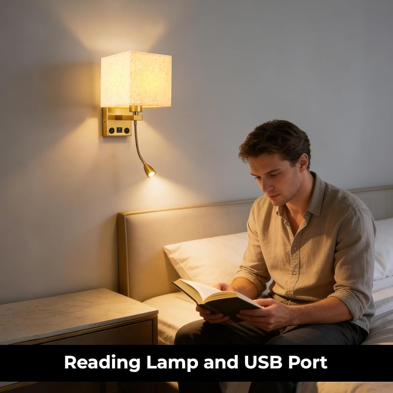Aplique pared con USB pantalla tela blanca dormitorio sala
