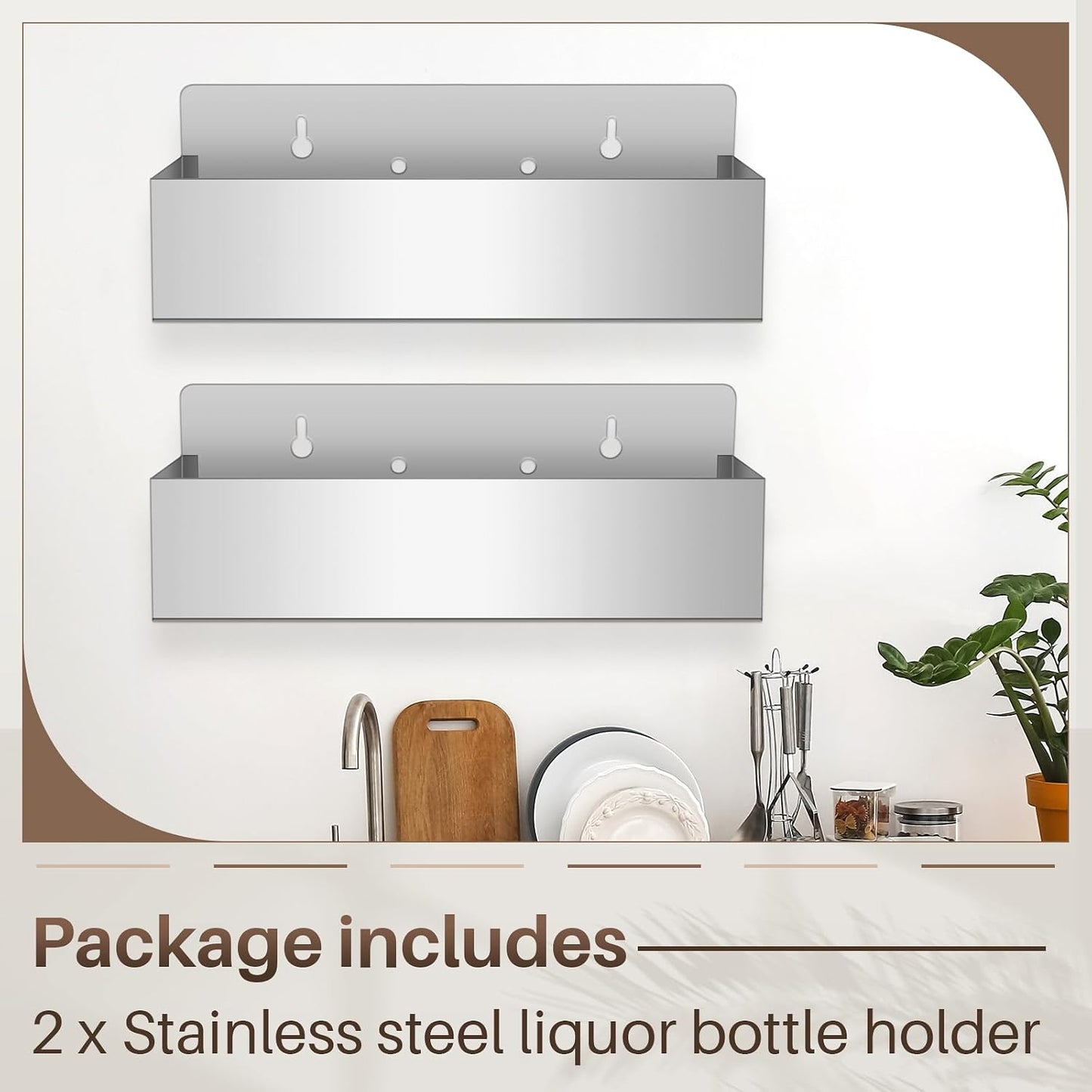 Soporte botellas licor acero inox 15" pared plateado