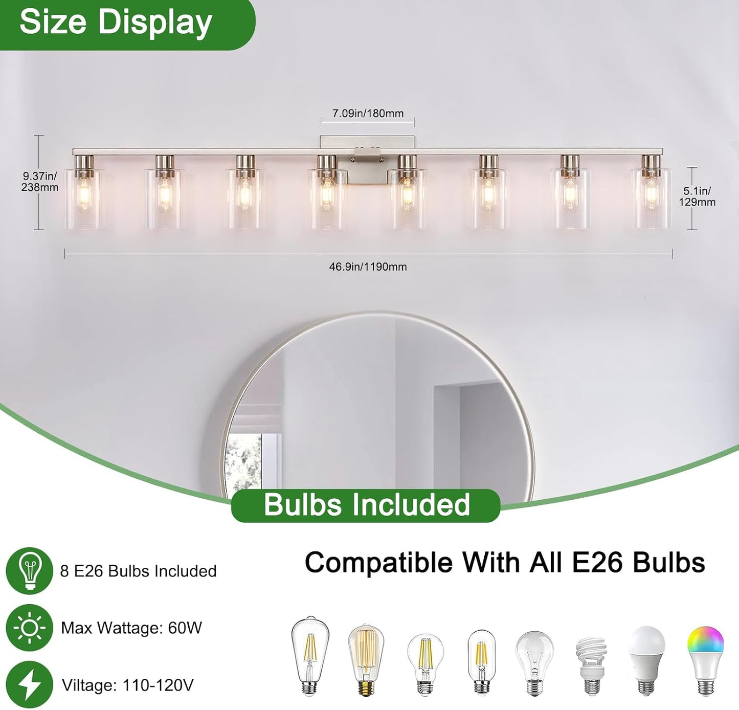 Lámpara tocador níquel cepillado 8 luces vidrio transparente