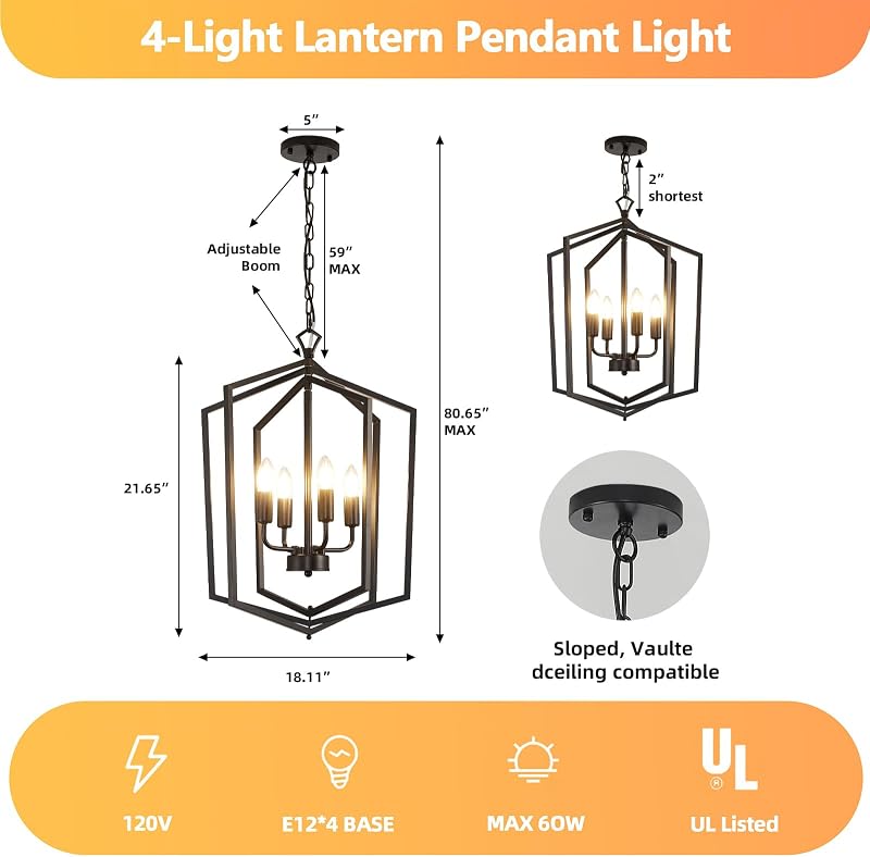 Candelabro negro 18" lámpara comedor 4 luces farol rústico