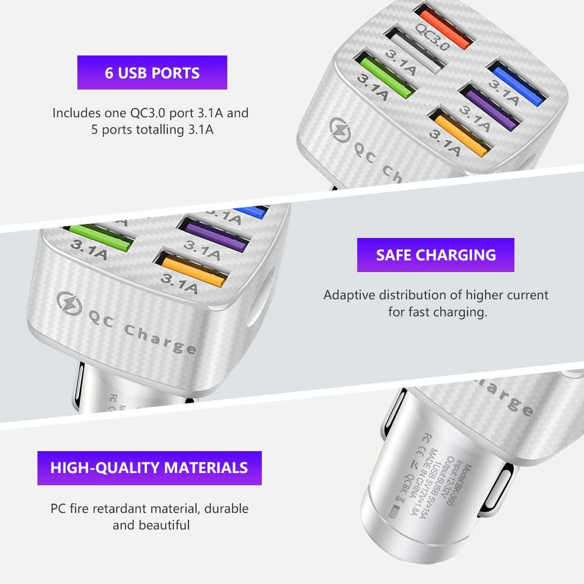 Adaptador cargador automóvil 6 puertos USB QC 3.0