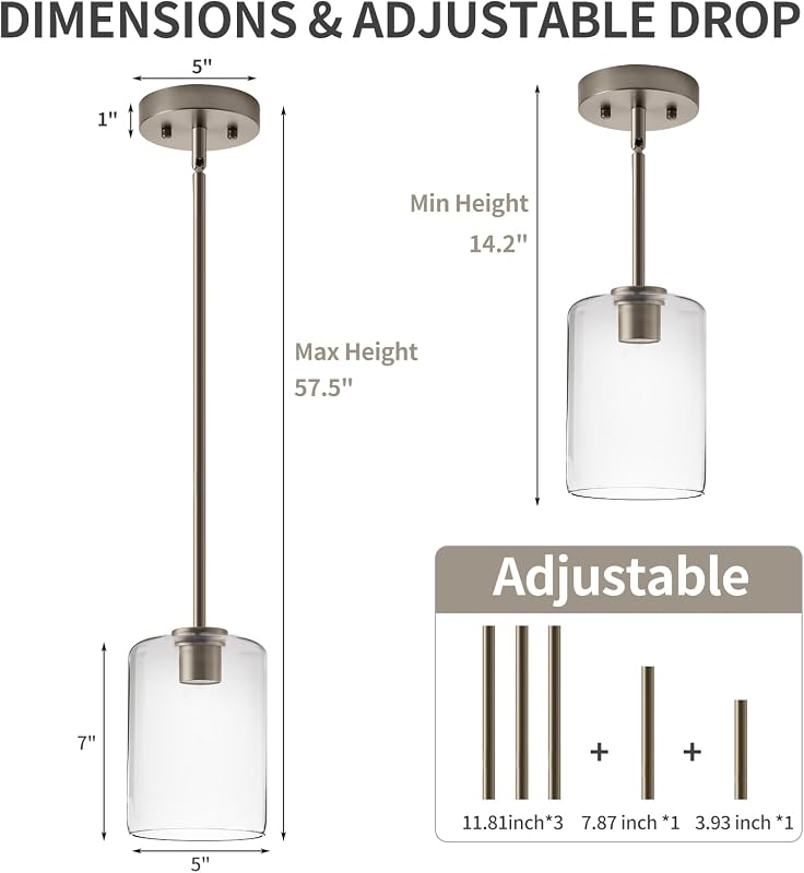 2 Luces Colgantes Níquel Cepillado Isla Cocina Vidrio 5"