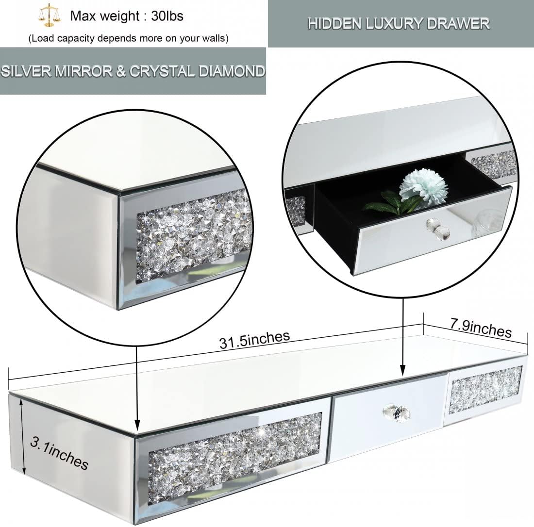 Estante flotante con espejo diamantes cristal cajón 31.5"