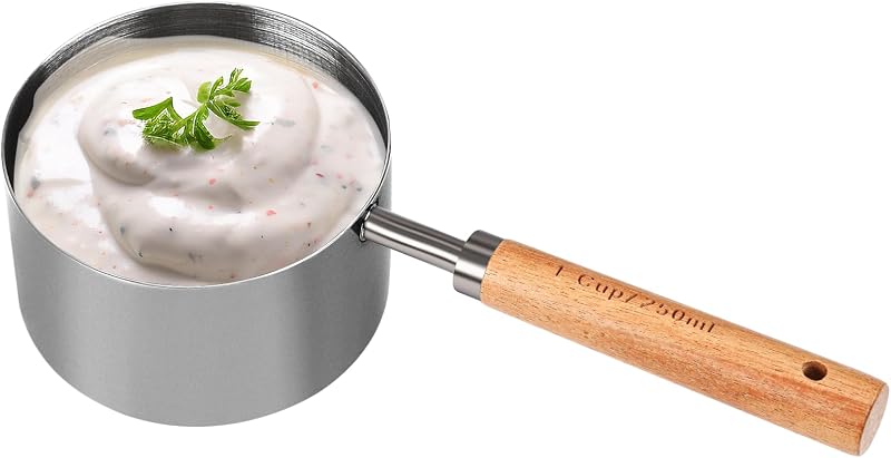 Taza medidora acero inox 8.5oz con mango madera gris