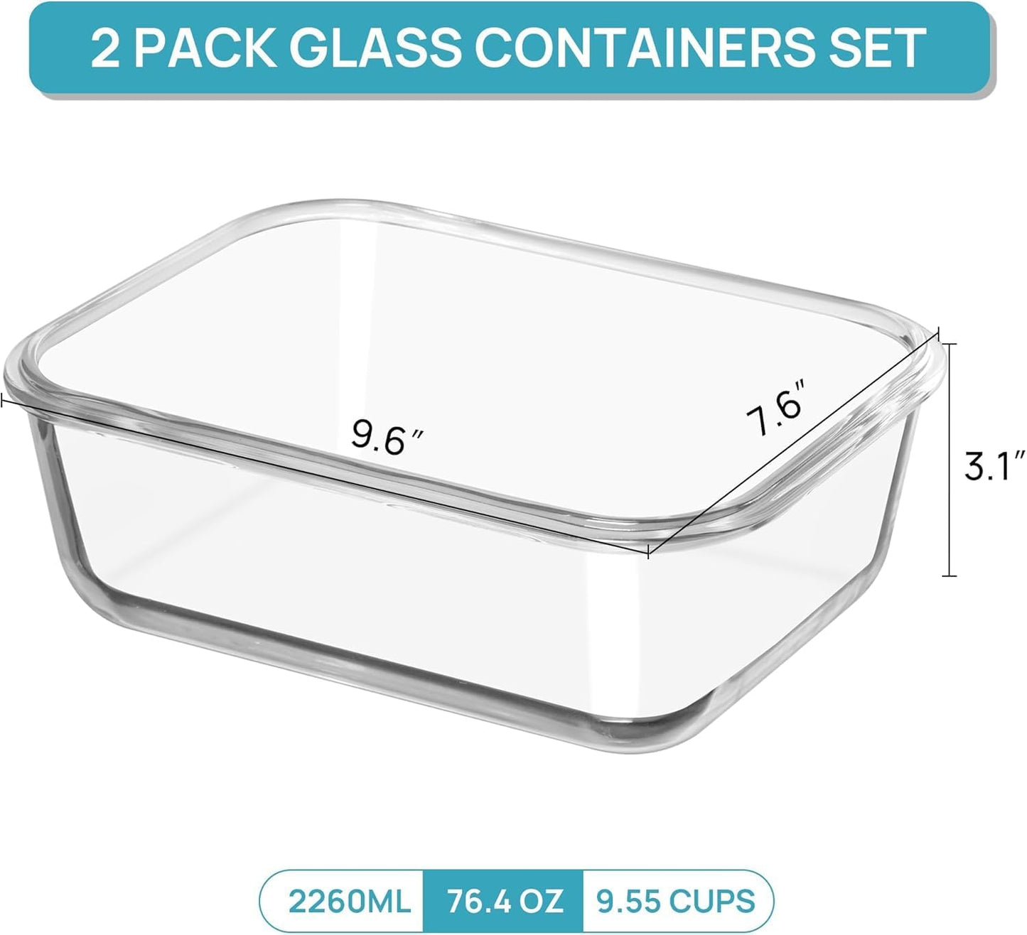 2 Pzas Recipientes Vidrio 76.4oz Tapas Herméticas