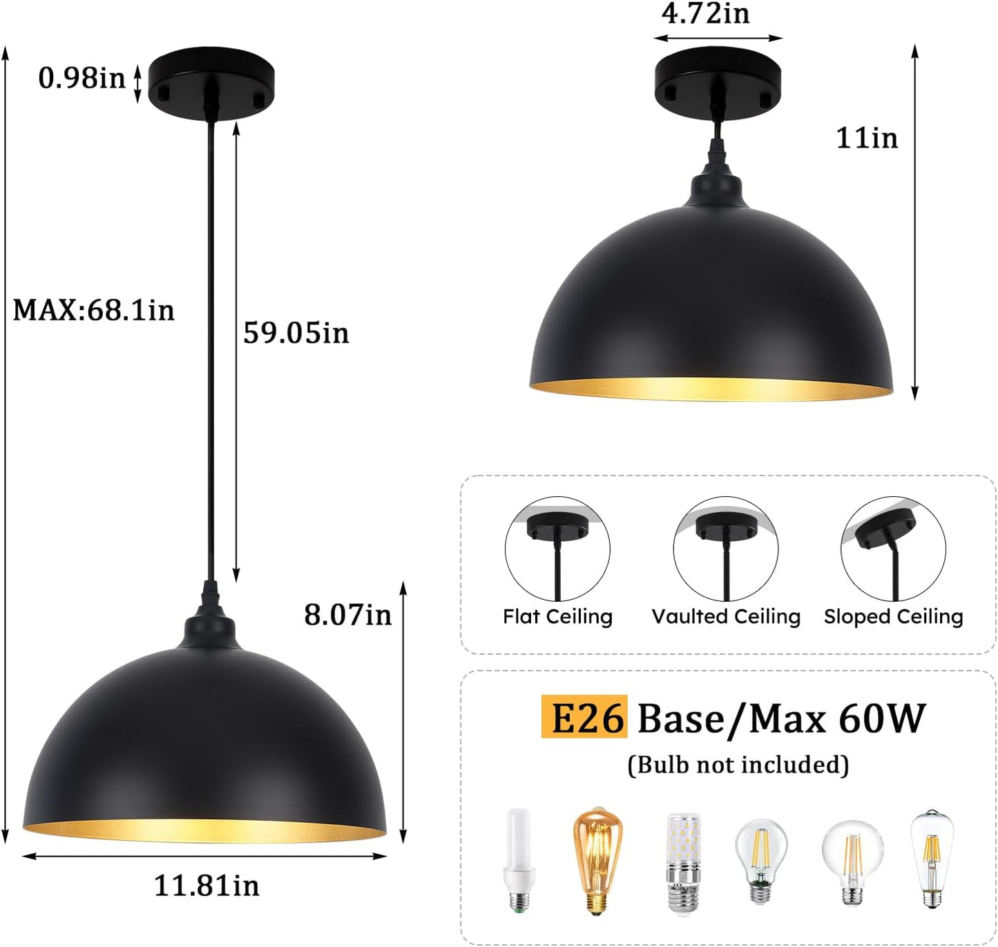 3 Lámparas colgantes negras para comedor 11.8pulg industrial