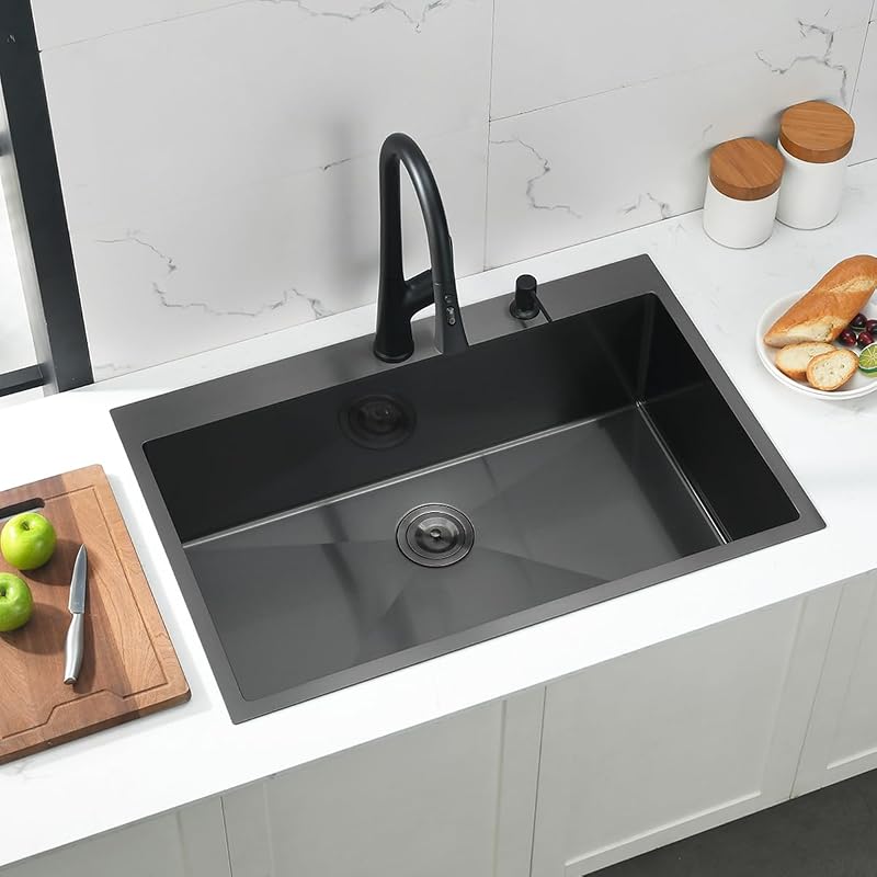 Fregadero cocina negro 33" acero inox con rejilla