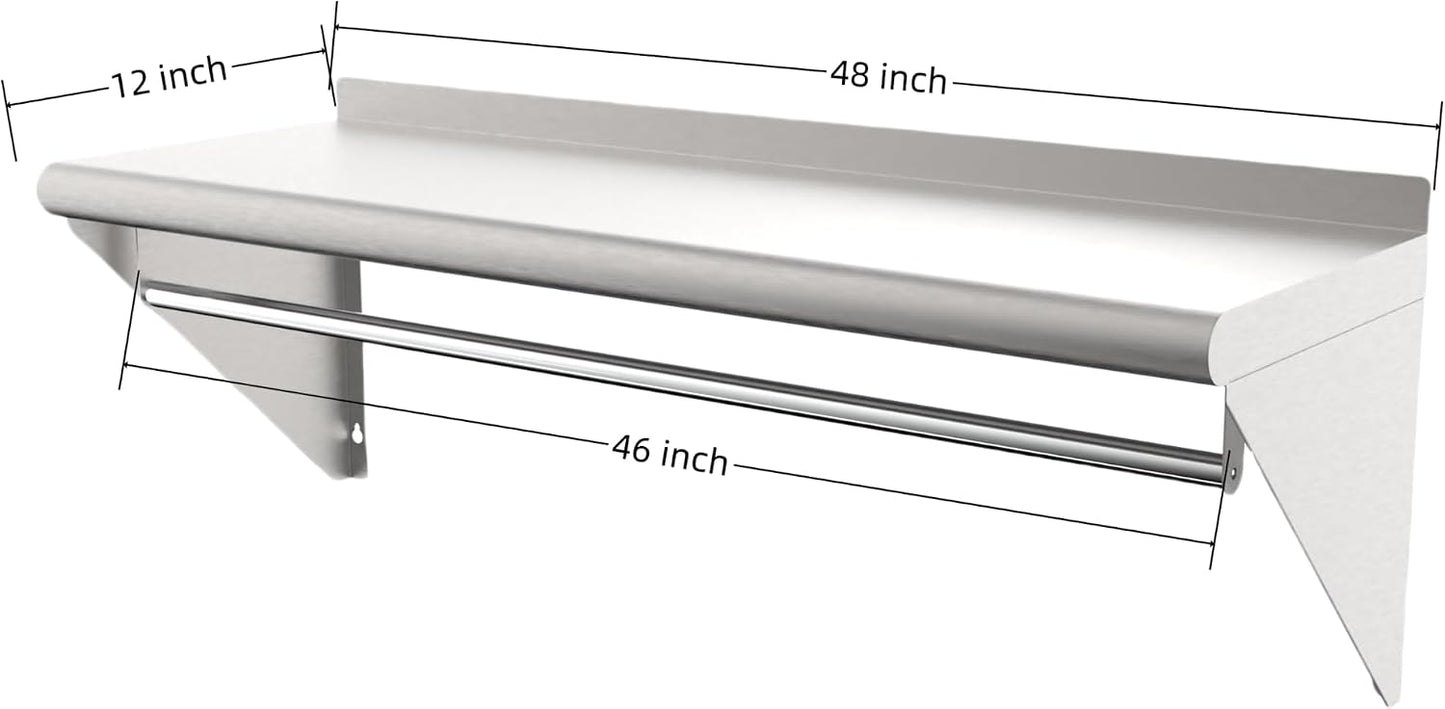 Estante acero inox 12x48pulg barra suspensión flotante NSF