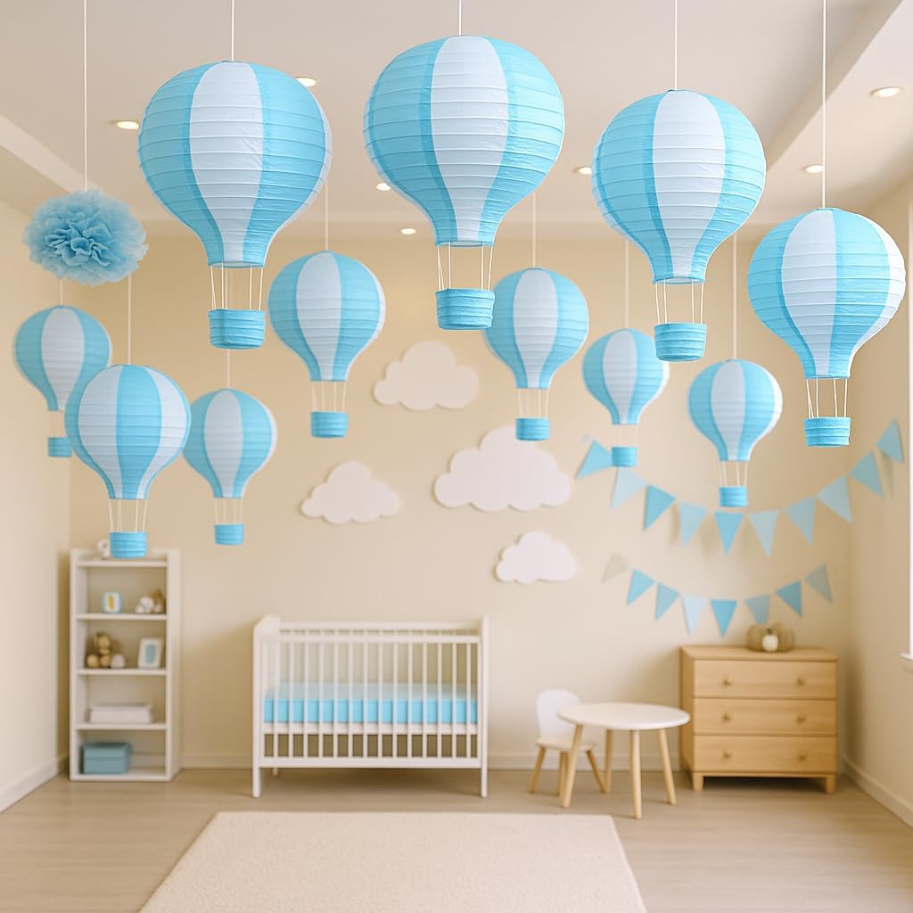 3 Faroles Papel Globo Aerostático Rayas Azul Claro 16pulg