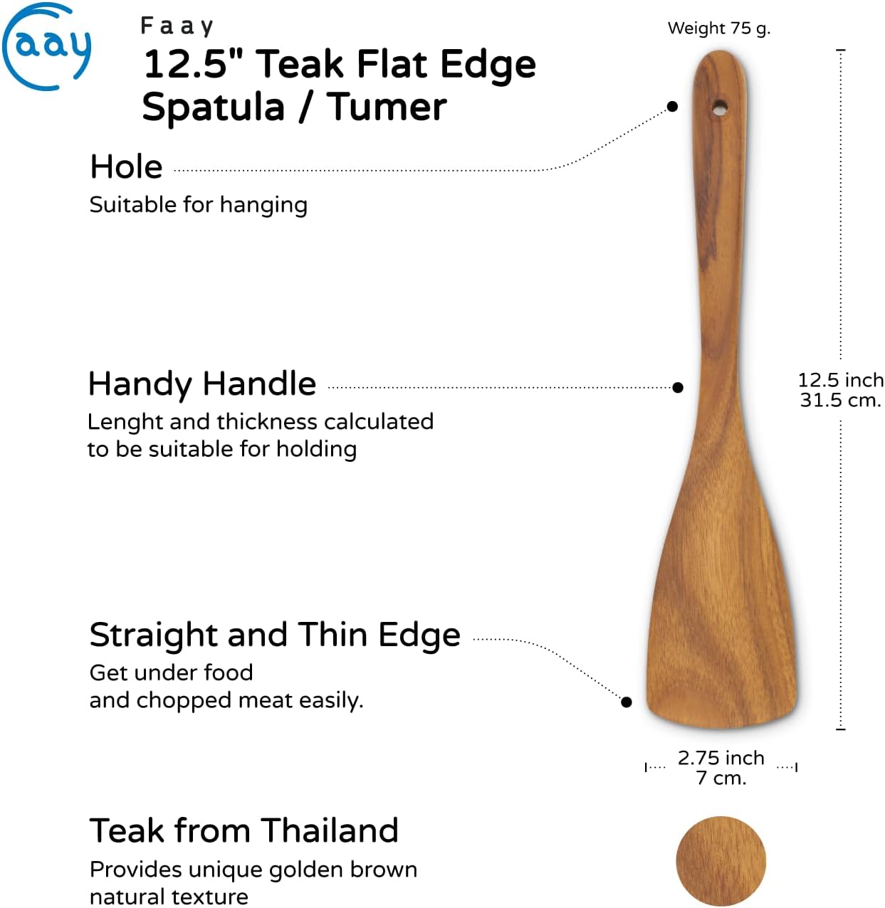 Volante madera teca espátula plana 30cm antiadherente