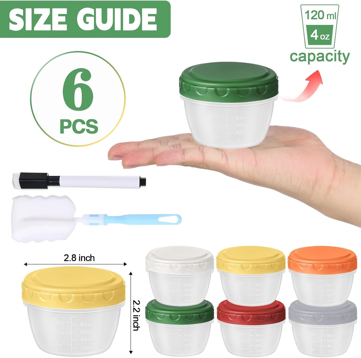 6 Recipientes Plástico 4oz con Tapas Reutiliz.