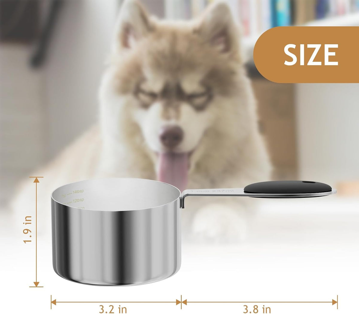 Taza medidora acero inox para mascotas con escala