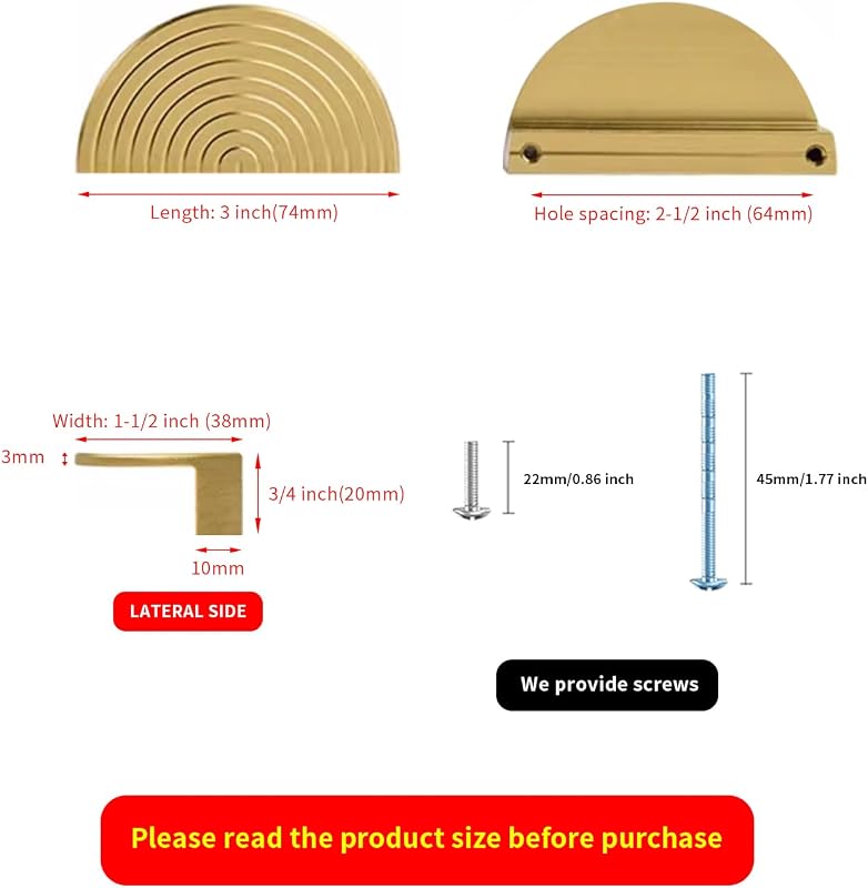 Tiradores dorados latón cepillado para gabinete 3" pack 4