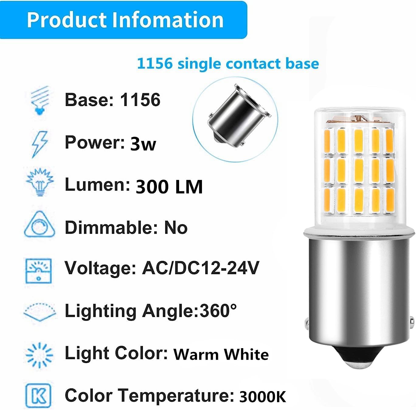 Bombilla LED Ba15sV 24V 3W luz blanca cálida 3000K