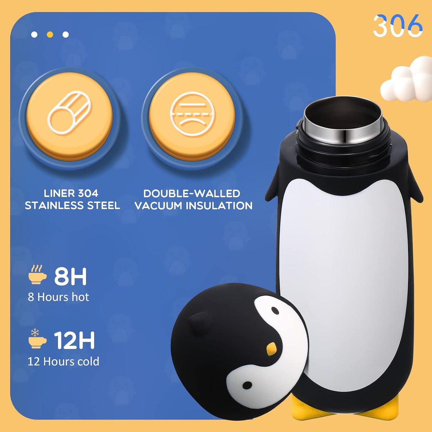 2 Botellas Agua Acero Inox Dibujos Pingüino Taza Viaje Aislada