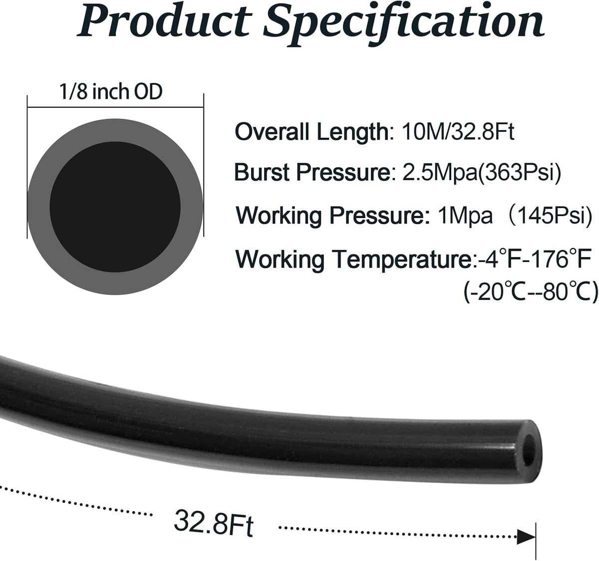 Tubo neumático 1/8pulg poliuretano negro para compresor aire
