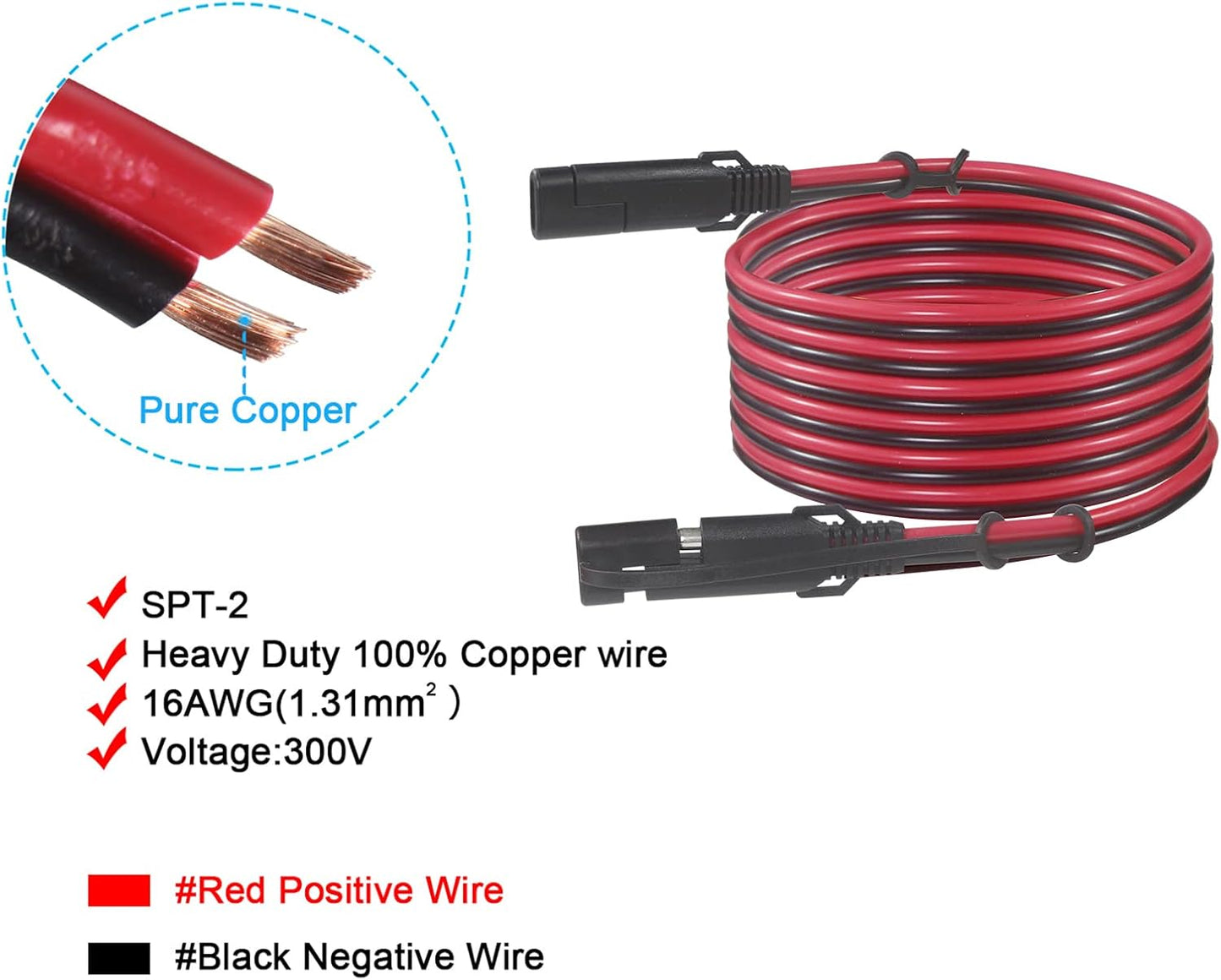 Cable extensión SAE 16AWG 12ft conector 2 pines cargador solar
