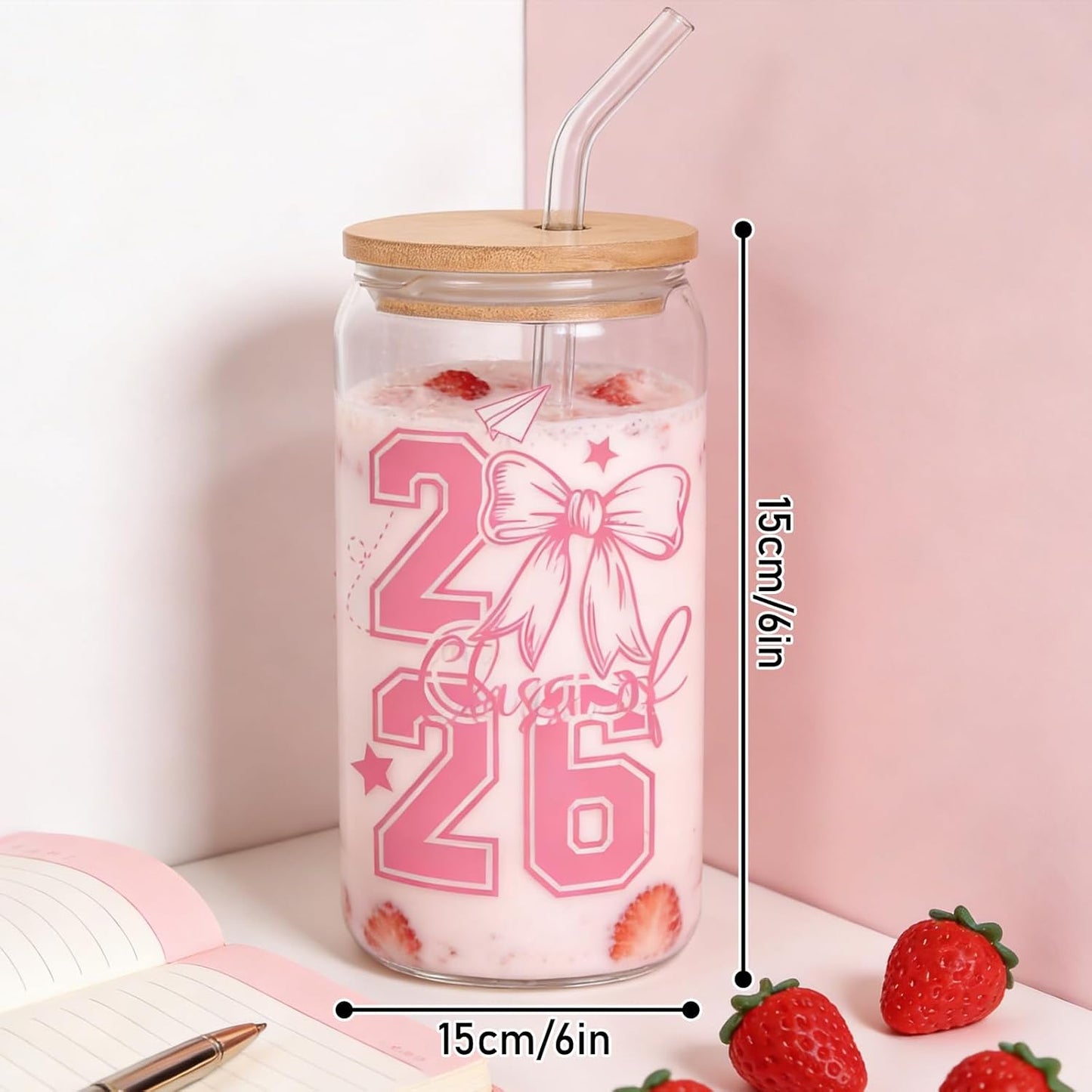 Taza Vidrio Rosa 16oz Con Tapas Pajita Regalo Graduación