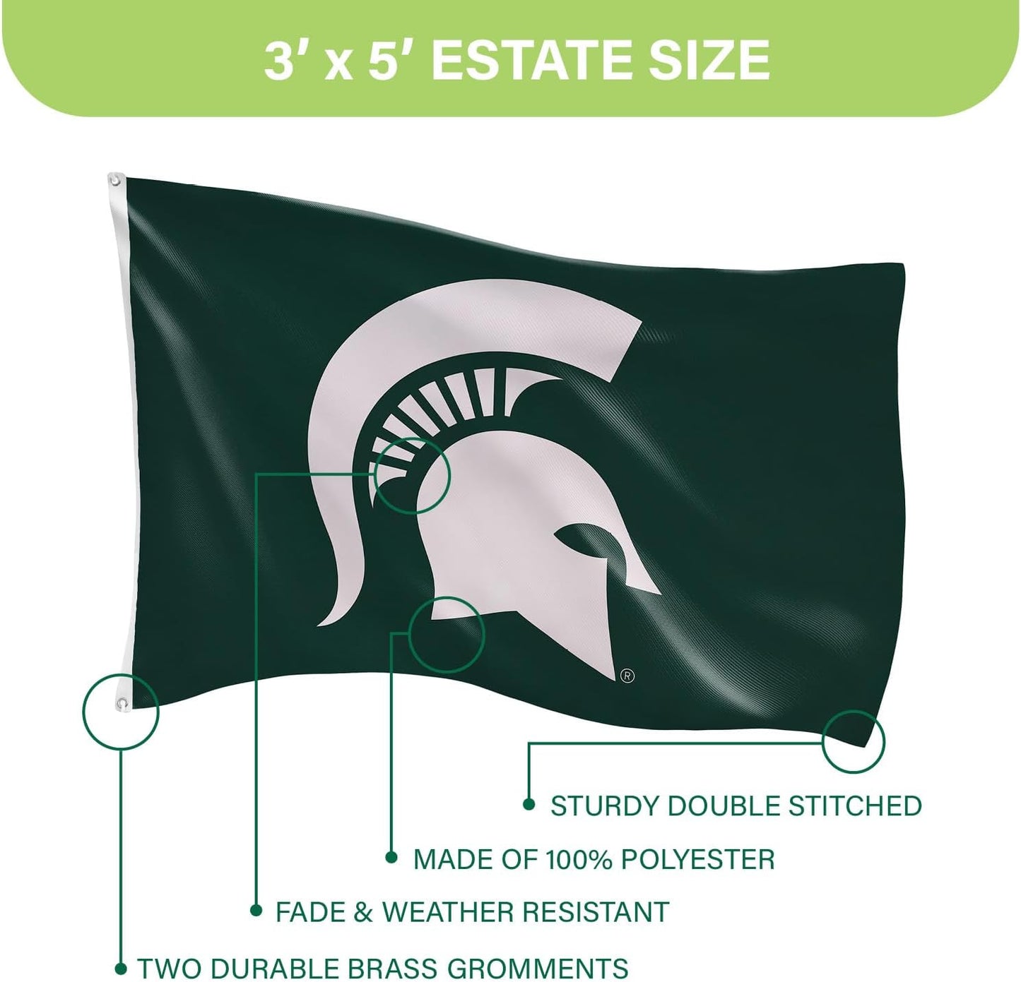 Bandera MSU Spartans 3x5' con ojales para jardín y pared
