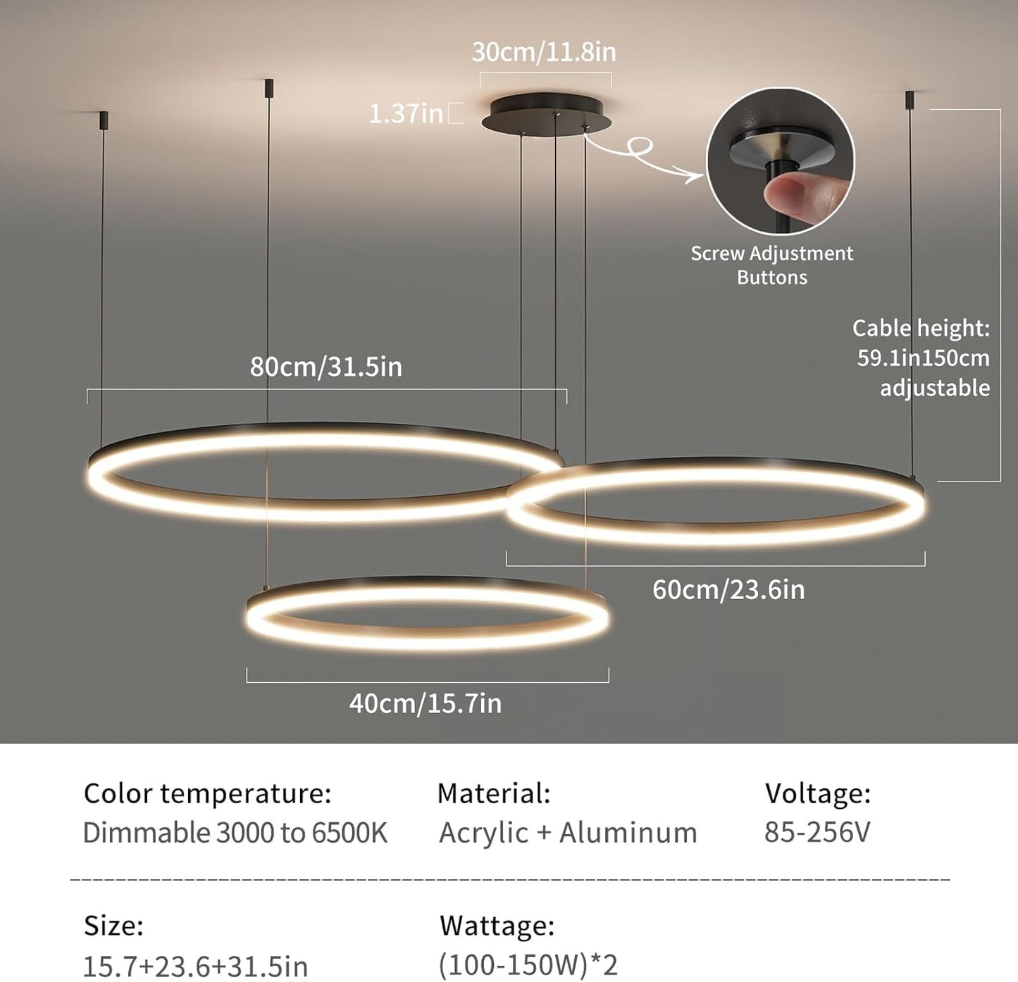 Lámpara colgante LED circular 3 anillos regulable