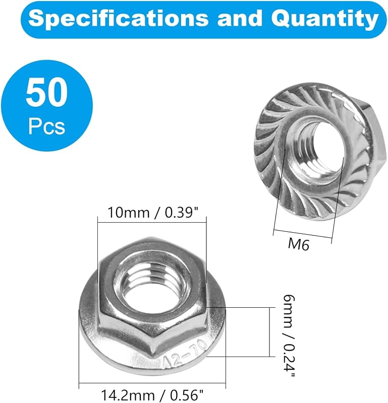 50 Pzas Tuercas Hex M6 Acero Inox 304 Bloqueo