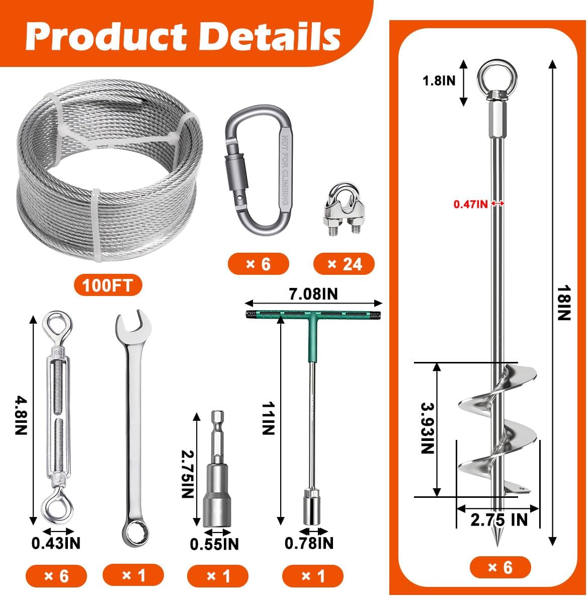 Set 6 anclajes suelo 18pulg cable SS304 100ft