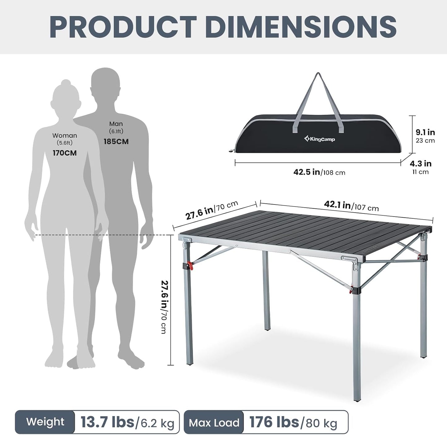 Mesa plegable aluminio extragrande plateado negro