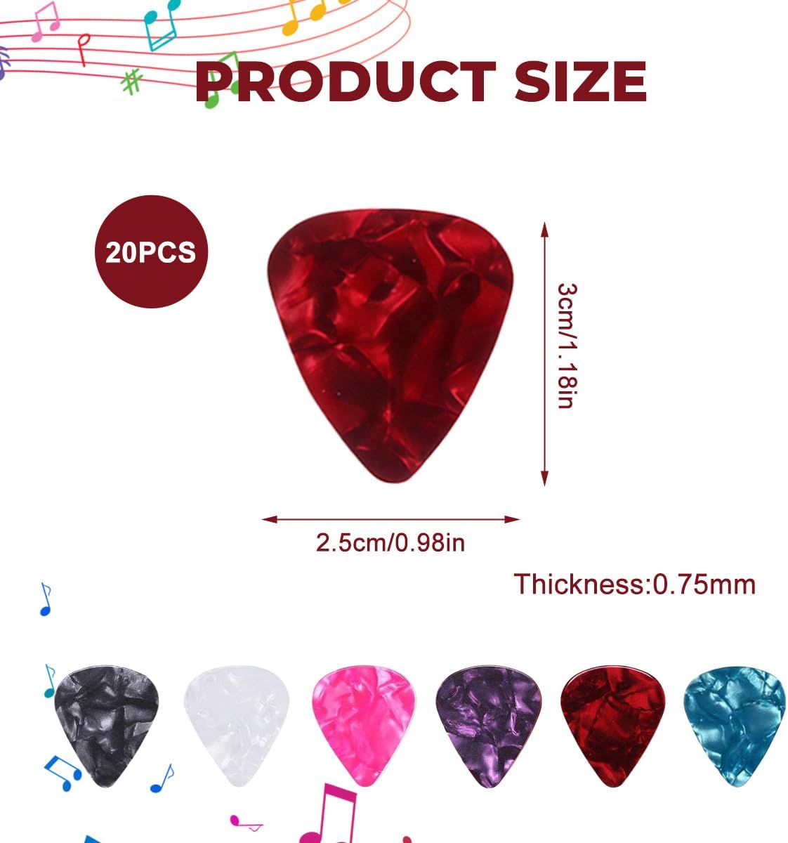 20 Pzas Púas Celuloide 0.030pulg Guitarra Acústica Bajo