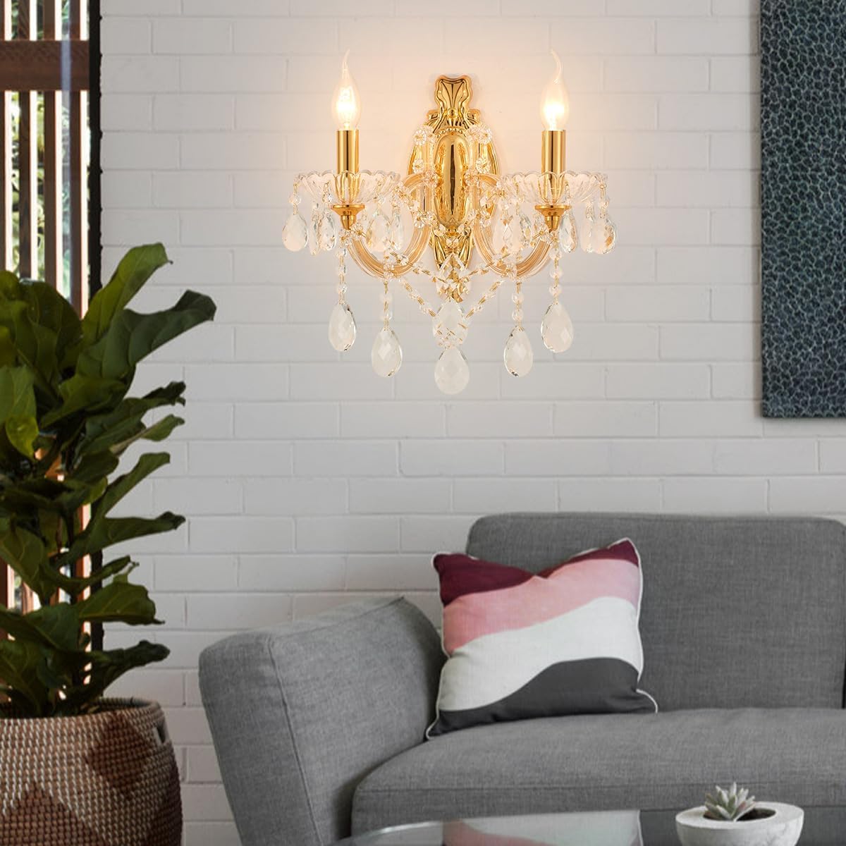 Aplique pared cristal dorado 2 luces sala dormitorio