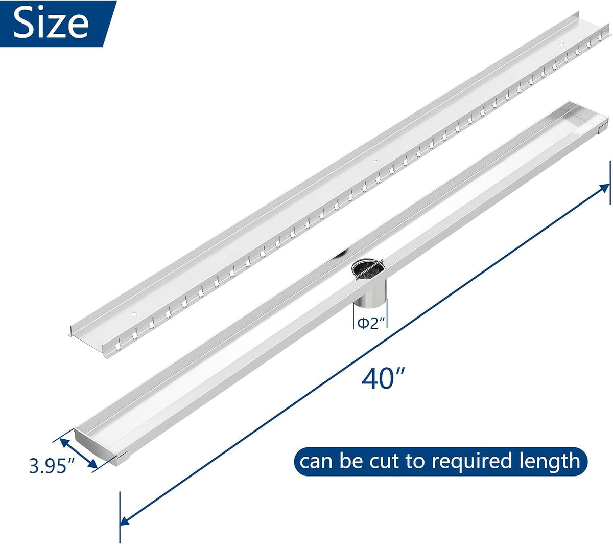 Drenaje ducha rectangular acero inox 304 40pulg con recogedor pelo