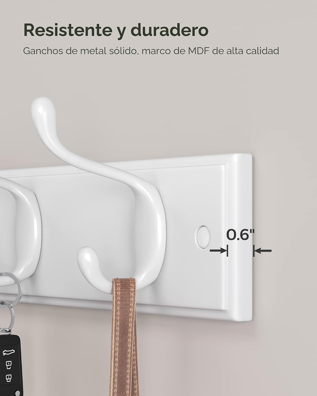 Perchero pared 4 ganchos metálicos para abrigos y llaves blanco