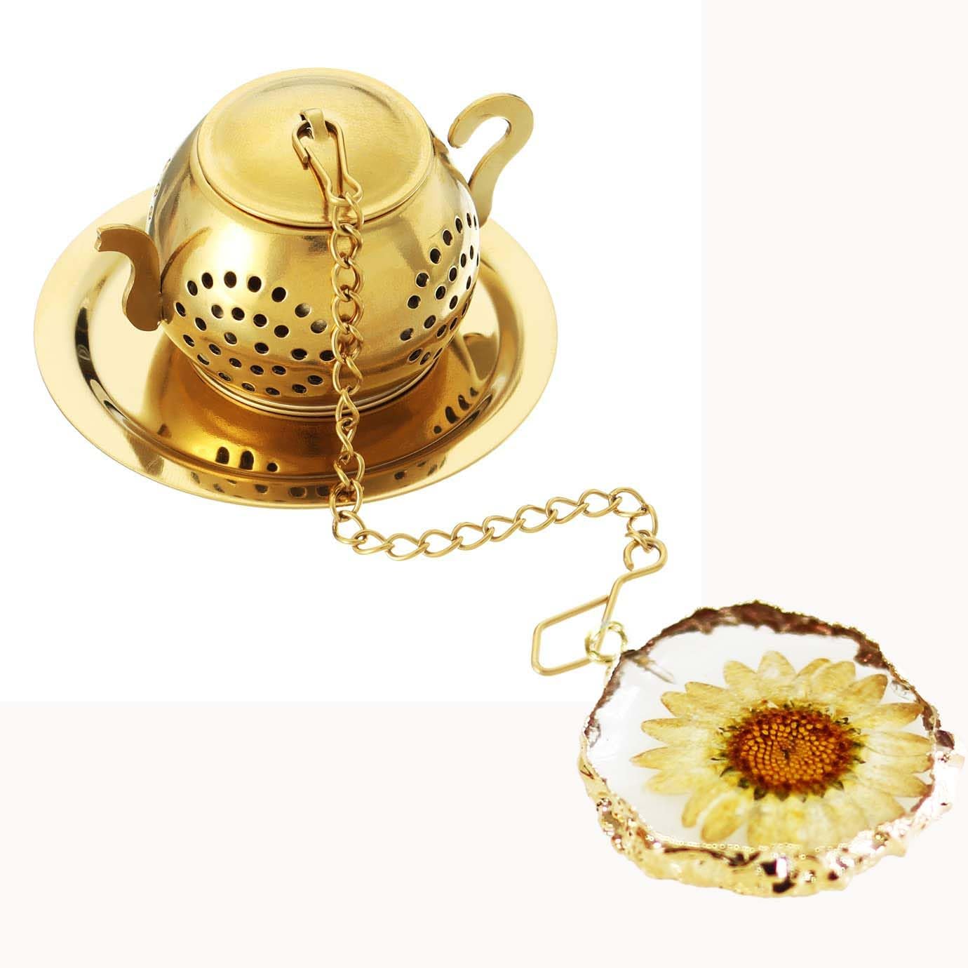Infusor de té de acero inoxidable con colgante de resina de margarita real