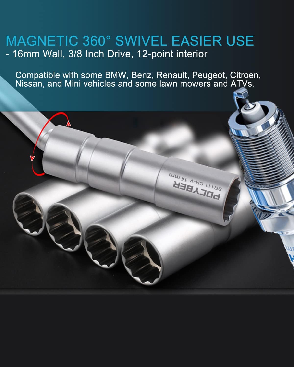 Llave bujía 14mm 12pulg 3/8 pulg magnética 12 puntas