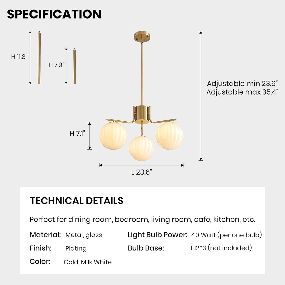 Lámpara techo Sputnik Globe 3 luces cristal blanco isla cocina