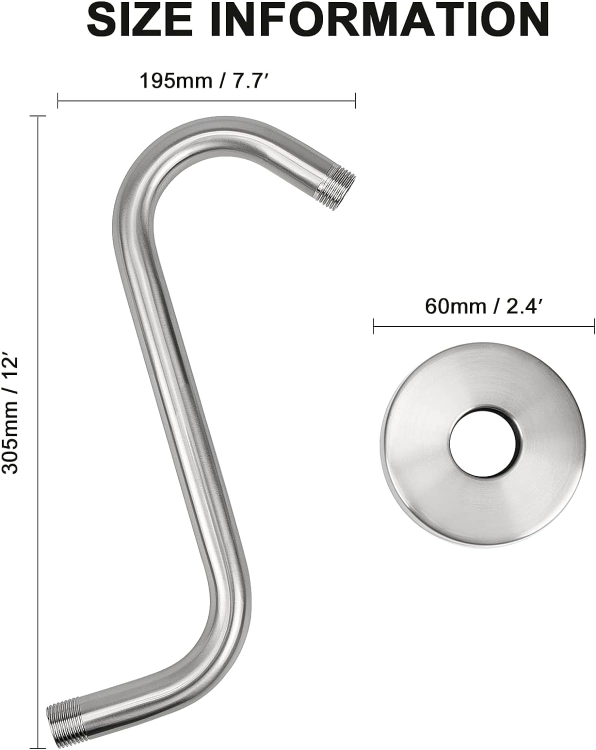 Brazo ducha en S acero inox cepillado 8pulg