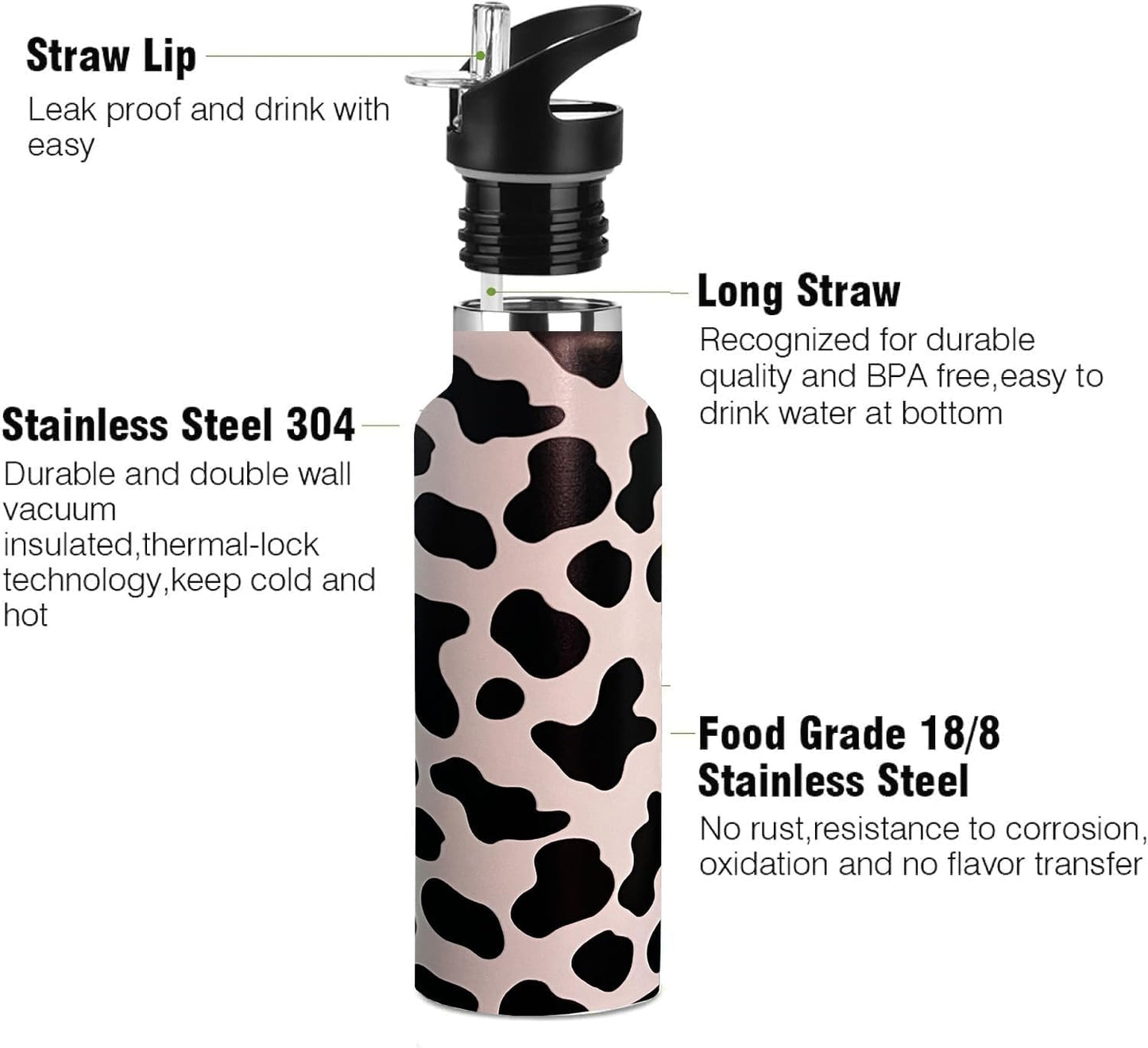 Botella agua niños popote acero inox 20oz estampado vaca