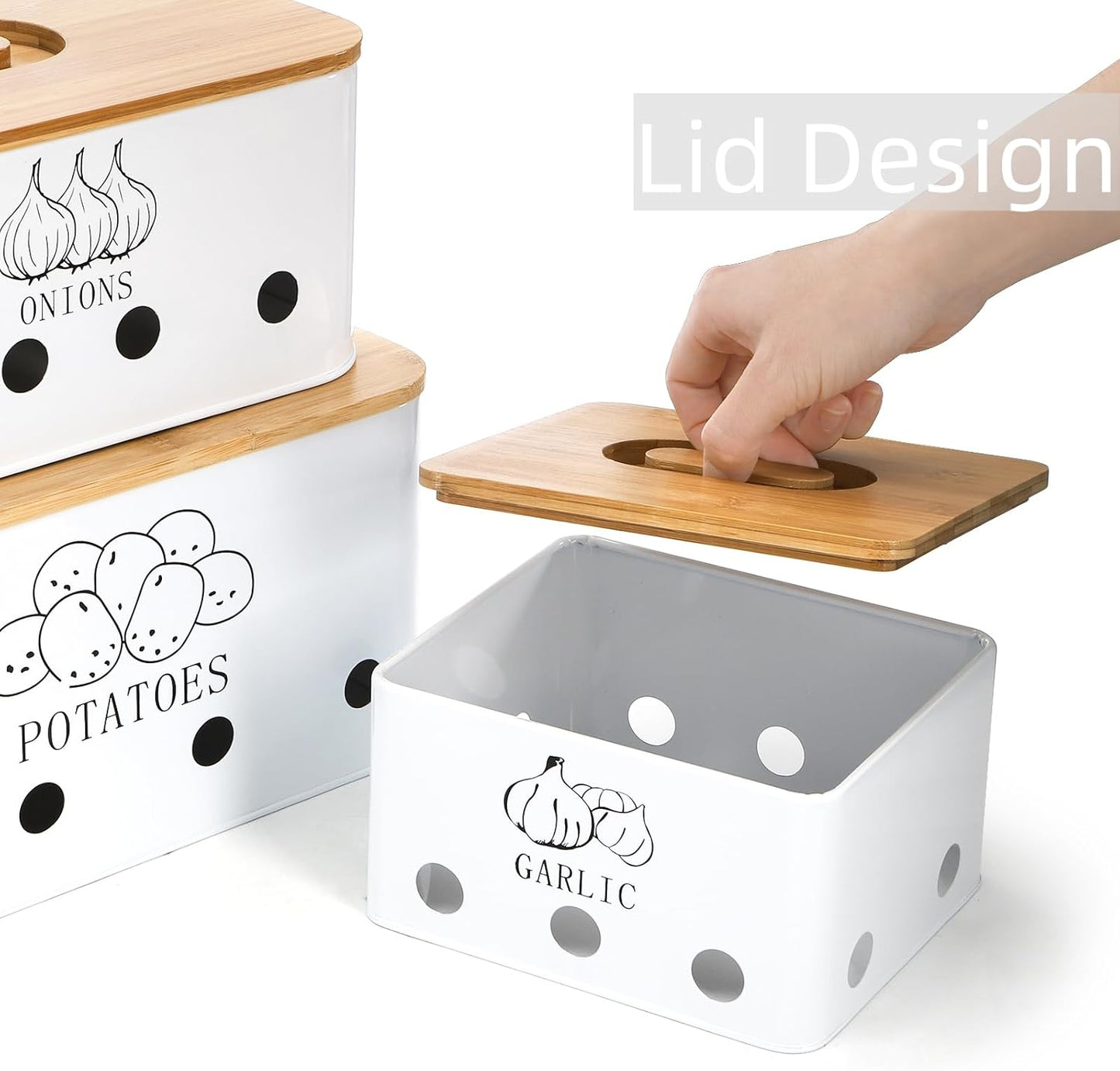 Set 3 Alm. Ajo Cebolla Patata Acero Inox con Tapas Bambú