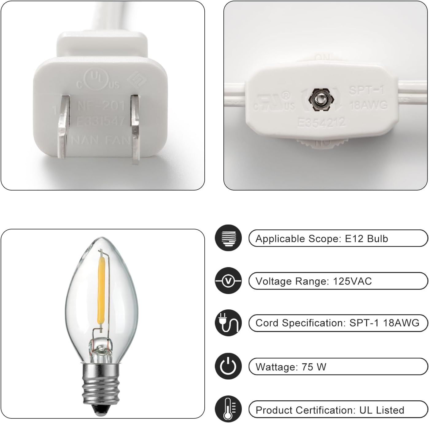Cable C7 6ft con bombilla LED E12 enchufe interruptor