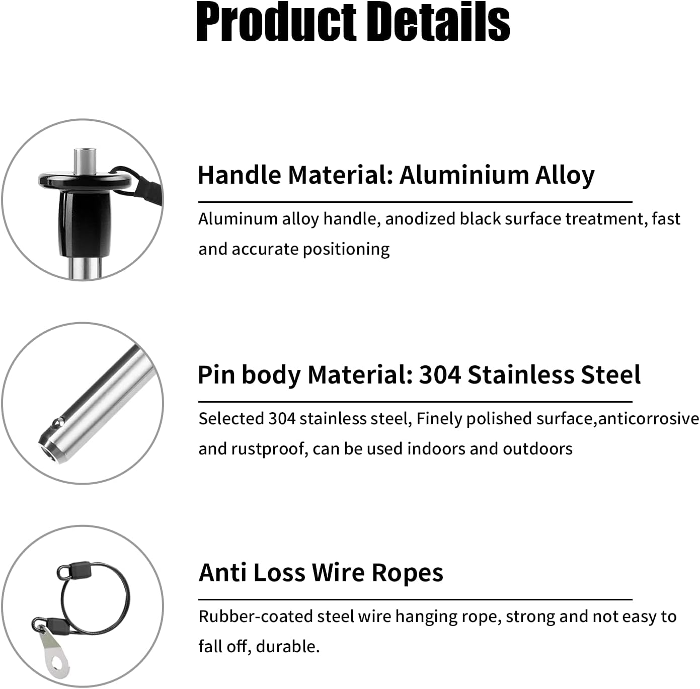 Pasador acero inox 304 0.24" botón presión mango redondo