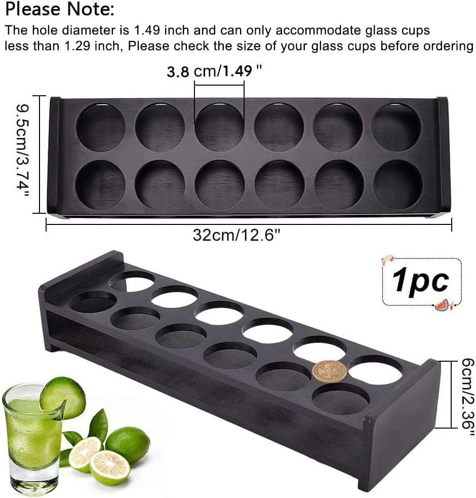 Soporte 12 vasos chupito barra 1.5pulg vidrio bambú negro