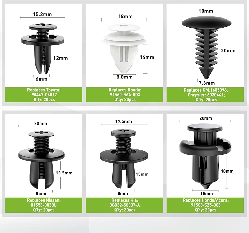 120 Clips Retención Auto 6 Tamaños para GM Honda Toyota Nissan