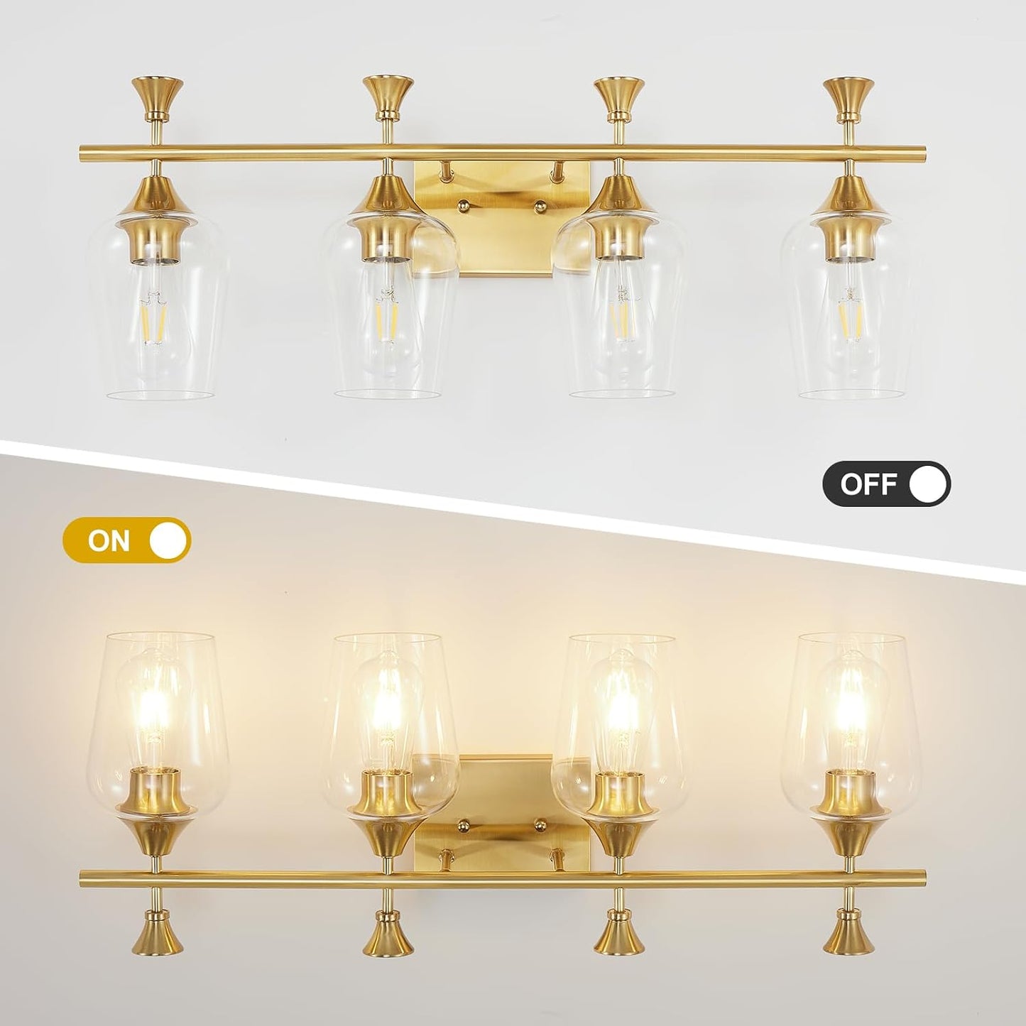 Lámpara baño 4 luces 29" oro cepillado vidrio transparente