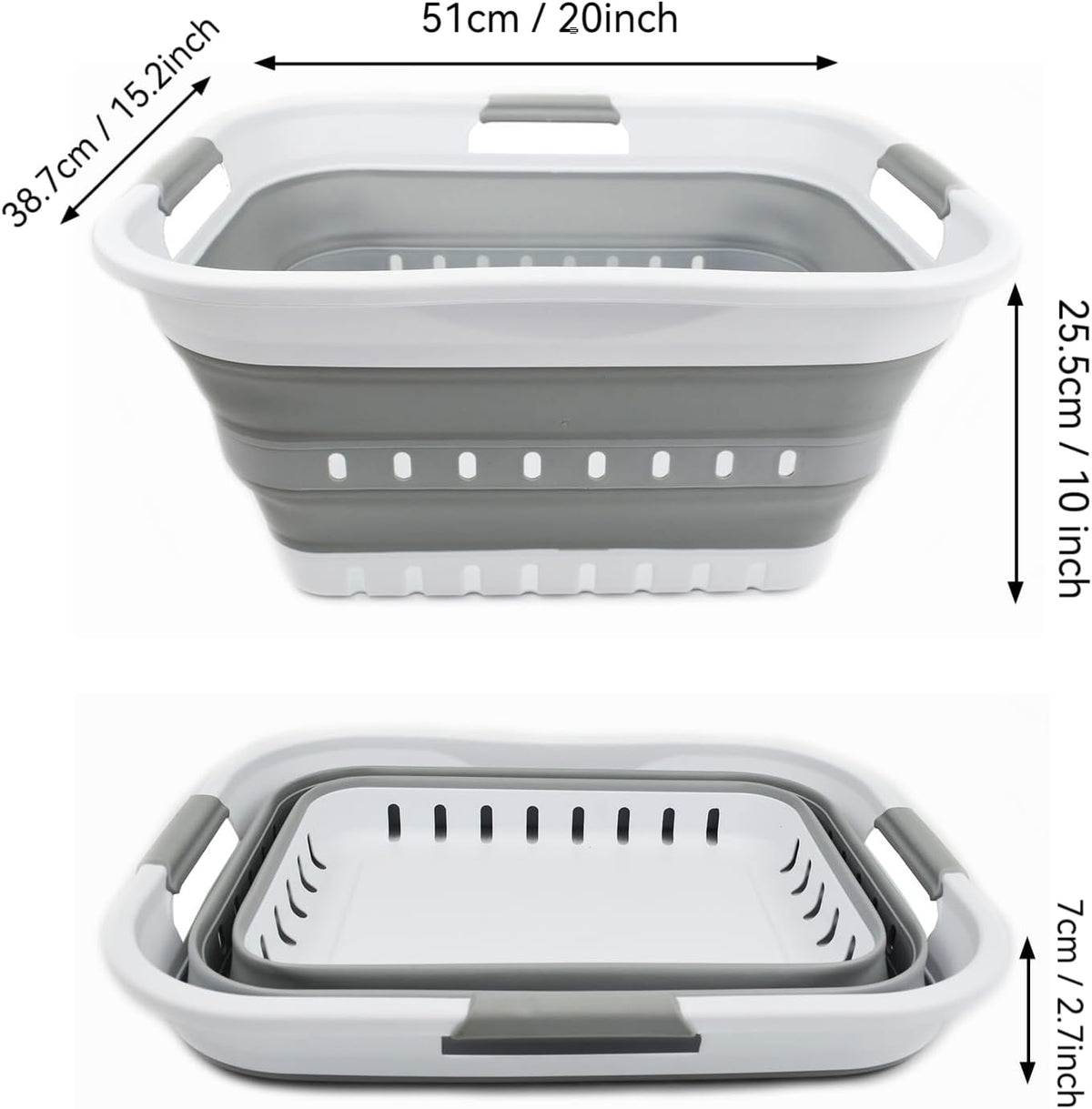 Cesta lavandería plástico plegable 30L 3 asas blanco/gris