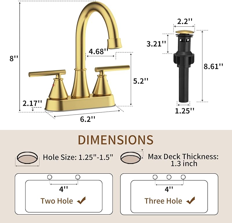 Grifo baño 4" oro cepillado sin plomo con tapón drenaje