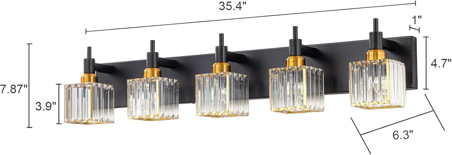 Lámpara baño cristal negro dorado 5 luces sobre espejo