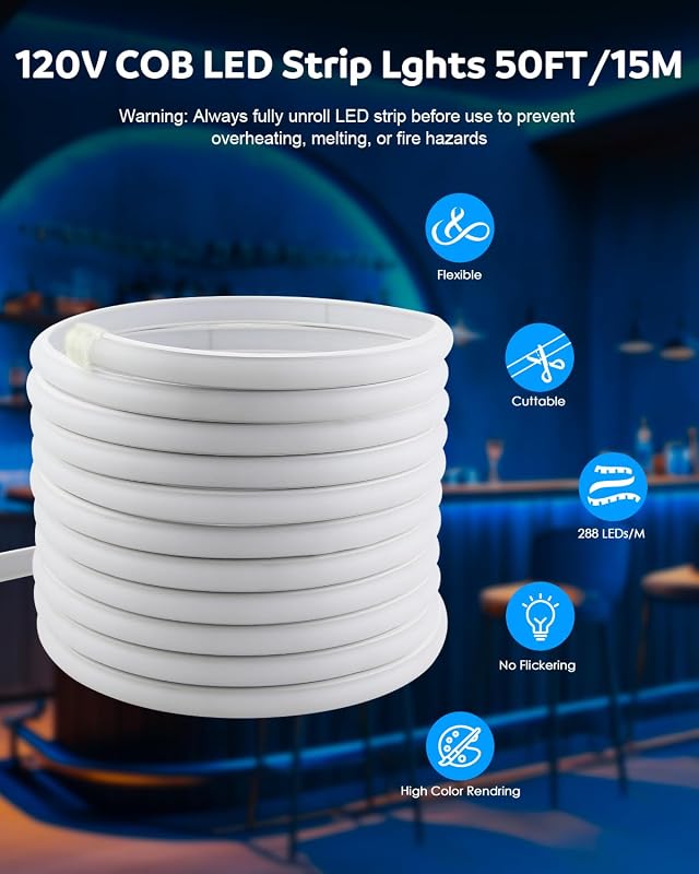 Tira luces LED 120v 50ft azul IP67 con interruptor jardín